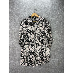 Express Blouse Womens XL Black Pink Floral Print 3/4 Sleeve V Neck Tunic Top